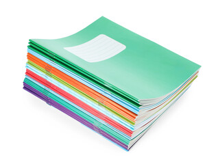 Stack of colorful copybooks isolated on white