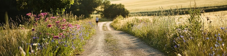 Obraz premium Sunlit country road with wildflowers and distant runner