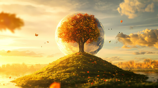 Fall equinox , autumn equinox , september equinox ,spring equinox , summer solstice , global warming 3d rendering illustration. Equinox. Illustration