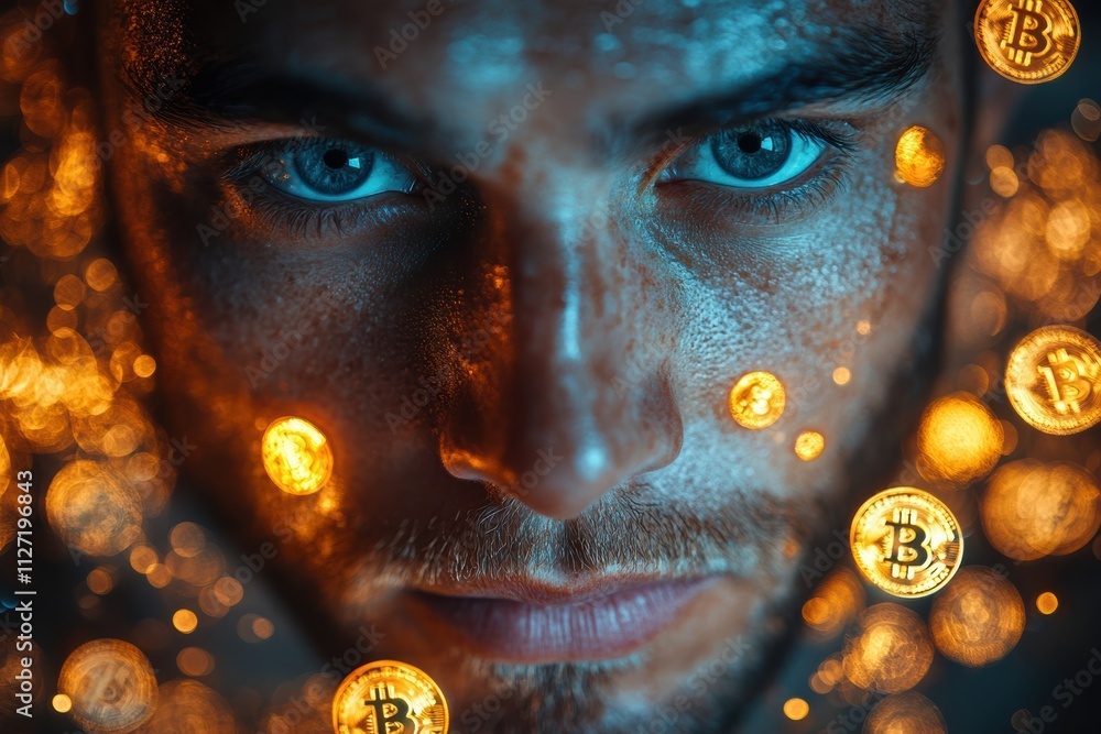 Poster dynamic image of a man in focus, with bitcoin tokens and abstract dollar symbols creating a futurist