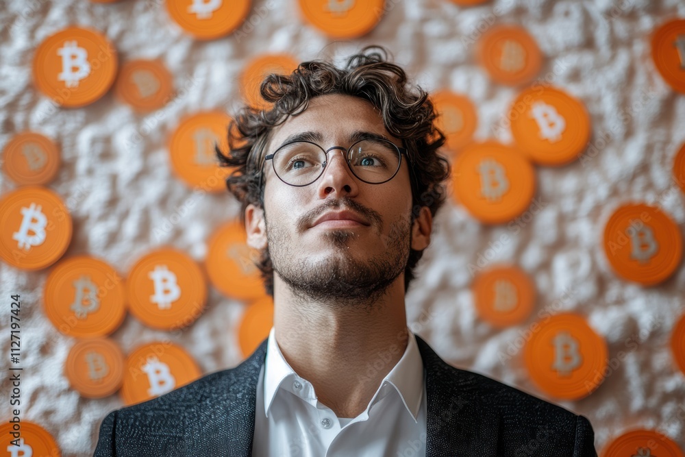 Poster dynamic photo featuring bitcoin tokens and dollar signs surrounding a professional man on a white ba