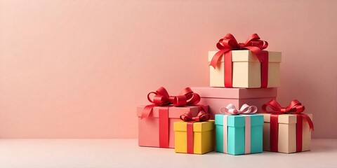 Obraz premium Stacked Gift Boxes with Colorful Ribbons Against a Pastel Pink Background