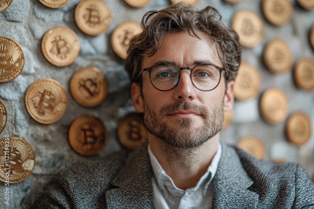 Poster dynamic photo featuring bitcoin tokens and dollar signs surrounding a professional man on a white ba