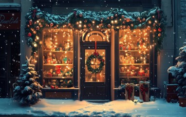 A beautifully decorated store window with glowing garlands and holiday ornaments on a snowy street