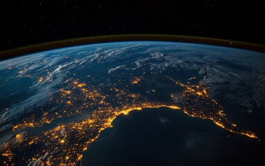 Obraz premium A breathtaking view of Earth from space showing vibrant continents, oceans, and glowing city lights at night