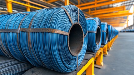 Close-up of blue wire coils stacked neatly in a large warehouse, showcasing industrial organization and vibrant colors.
