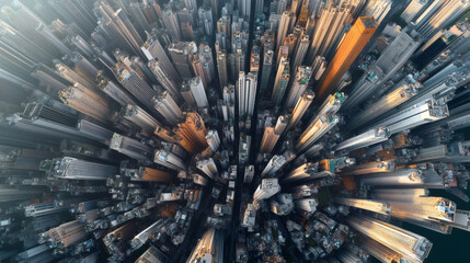 Top-down view of hong kong's impressive skyline, showcasing towering skyscrapers and dense urban environment