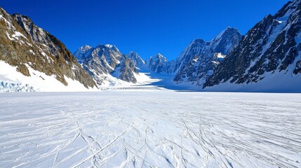 Obraz premium A breathtaking panoramic view of a vast glacier expanse, carved with ski tracks.