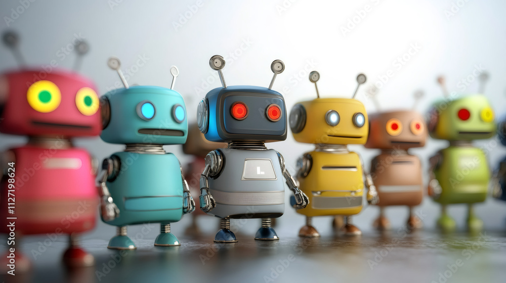 Aufkleber Group of colorful vintage robots standing together, showcasing the concept of artificial intelligence and robotics