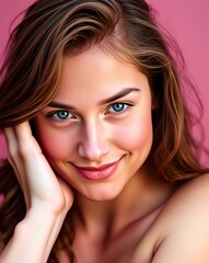 Close-up Portrait of a Young Woman with Blue Eyes and Wavy Hair Against a Soft Pink Background