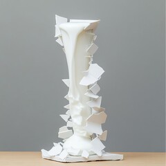 Shattered milk carton mid-pour, white liquid suspended like a sculpture