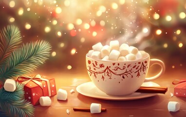 Fototapeta premium A cup of steaming cocoa with marshmallows and cinnamon on christmas background