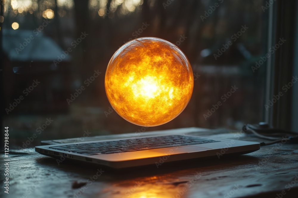 Poster dynamic photo of a glowing bulb floating over a laptop, ideal for tech-inspired advertising.