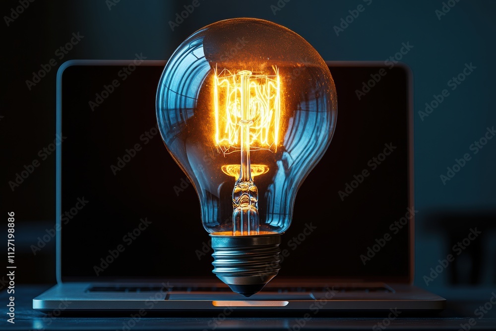 Poster dynamic photo of a glowing bulb floating over a laptop, ideal for tech-inspired advertising.