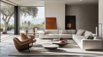 Fototapeta premium Modern living room with sectional sofa, armchairs, coffee table, and large windows overlooking a landscape.