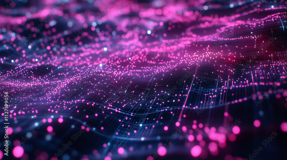 Poster Glowing particles flowing on digital plexus wave representing internet connections, big data, or blockchain technology