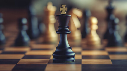 Focused black king on chessboard with blurred opponents symbolizing strategy, leadership, and competition