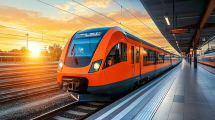 Modern orange high-speed train arriving at a platform during a beautiful sunset.