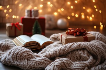 Warm blanket, gift box, and book create a cozy atmosphere for winter evenings