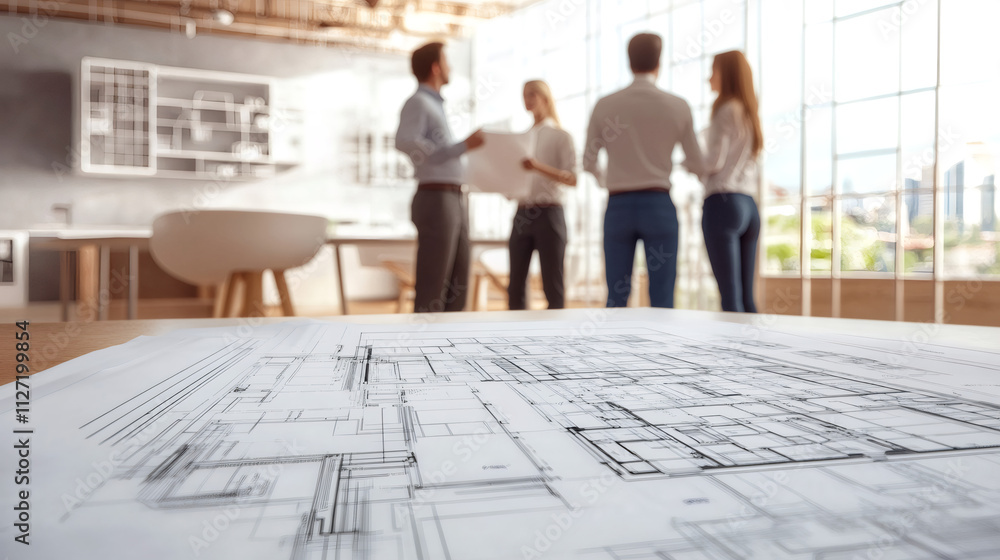 Aufkleber architects collaborating around a blueprint on a table, showcasing teamwork and partnership in archi