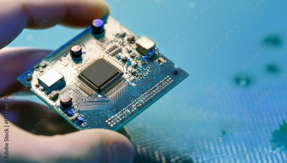 Poster microchip innovation: hand holding a cutting-edge microchip, showcasing intricate circuitry and tech