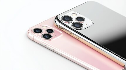 Fototapeta premium Modern smartphone isolated on white background. Macro shot of mobile phone placed on white background. Studio electronic device photography for design and print. Technology innovation device. AIG57.