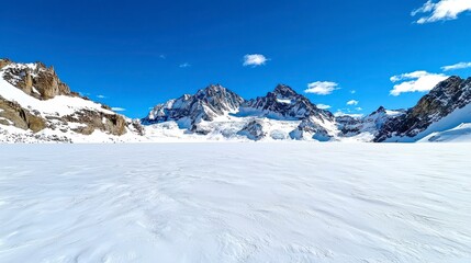 A breathtaking vista of a frozen glacial lake surrounded by majestic snow-capped mountains under a vibrant blue sky.