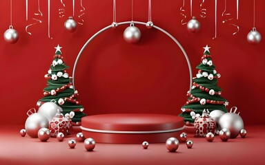 Festive red background featuring Christmas decorations and a circular pedestal perfect for seasonal displays and holiday promotions