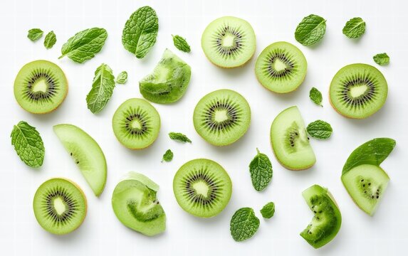 A green smoothie with slices of kiwi and mint leaves on bright and clean white background - Powered by Adobe