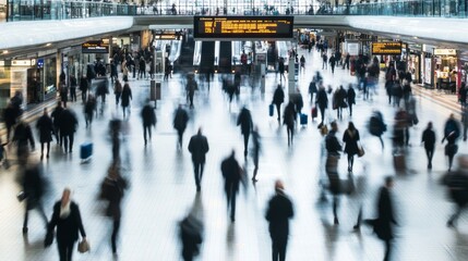 Motion blurred crowd of people walking in a large, bright train station with a departures board.