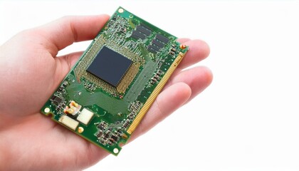 Microchip in Hand: A close-up of a human hand delicately holding a miniature circuit board, showcasing intricate details of modern technology. The green PCB, with its black chip.