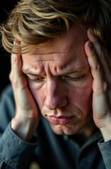 Fototapeta premium A close-up portrait of a blond man holding his head, looking down, suffering from a headache and migraine
