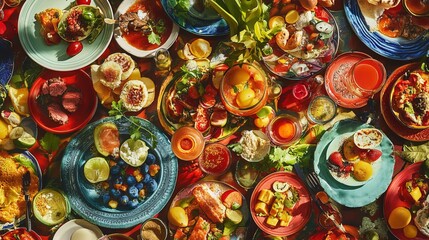 **Paraphrased Text:**

An assortment of meal and drink options is displayed in a vibrant collage of plates, highlighting the diversity and appeal of culinary creations. 