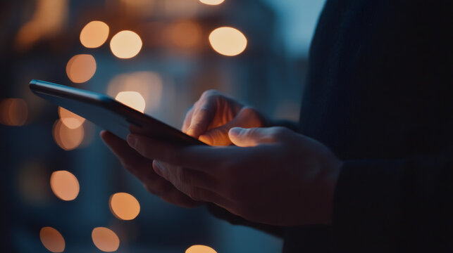 Close-up of hands using tablet computer in evening urban setting, with bokeh effect from city lights in background
