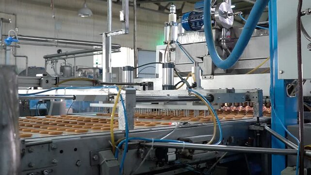 Industrial food factory or bakery, cookies on automated production line or conveyor belt, confectionery plant or bakehouse