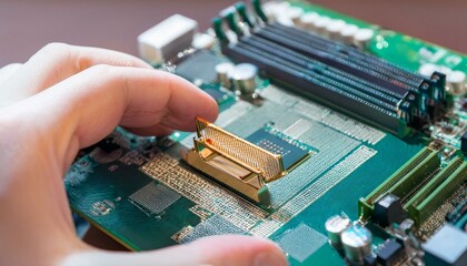 Installing CPU: A hand carefully places a CPU onto a motherboard socket, showcasing the intricate detail of computer hardware.