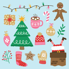 Collection of colourful Christmas elements. Christmas tree, ball, present, sock, cookie, cup, hat, sweater, gloves. Vector illustration