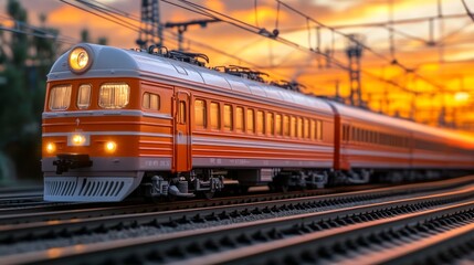 Obraz premium Orange electric train model at sunset.