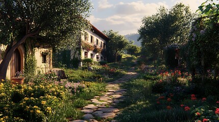 Obraz premium A serene countryside scene featuring a pathway through lush gardens and charming buildings.