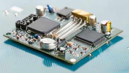 Circuit Board Innovation: A close-up view of a complex circuit board, showcasing intricate components and circuitry. This image captures the essence of modern technology, innovation.