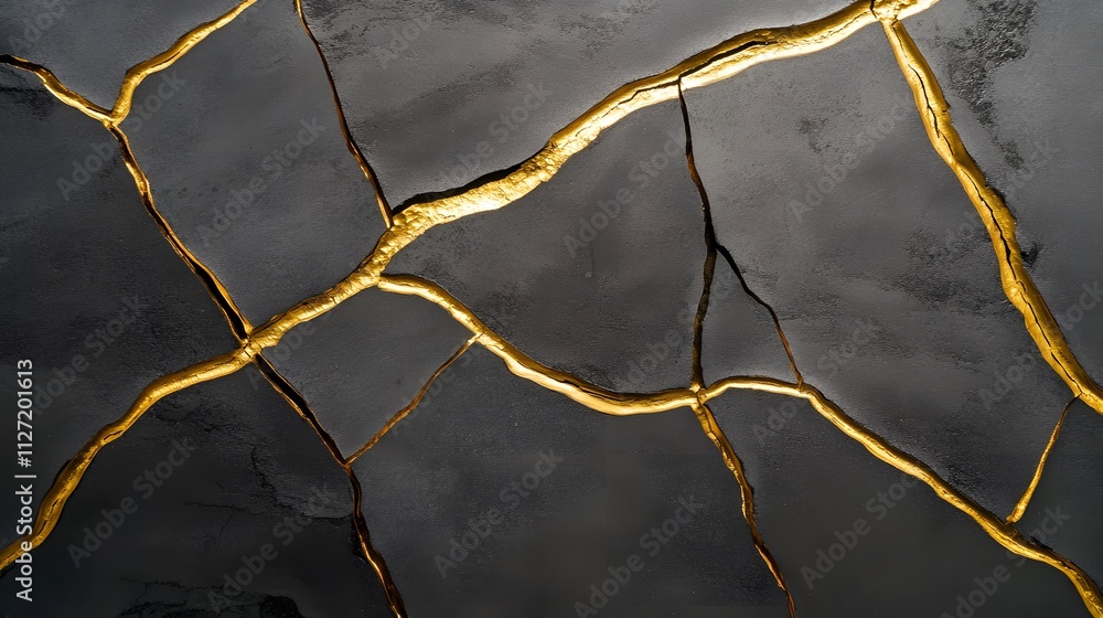 Poster Elegant abstract texture of dark stone background with striking golden cracks creating a luxurious and sophisticated artistic appearance for modern designs