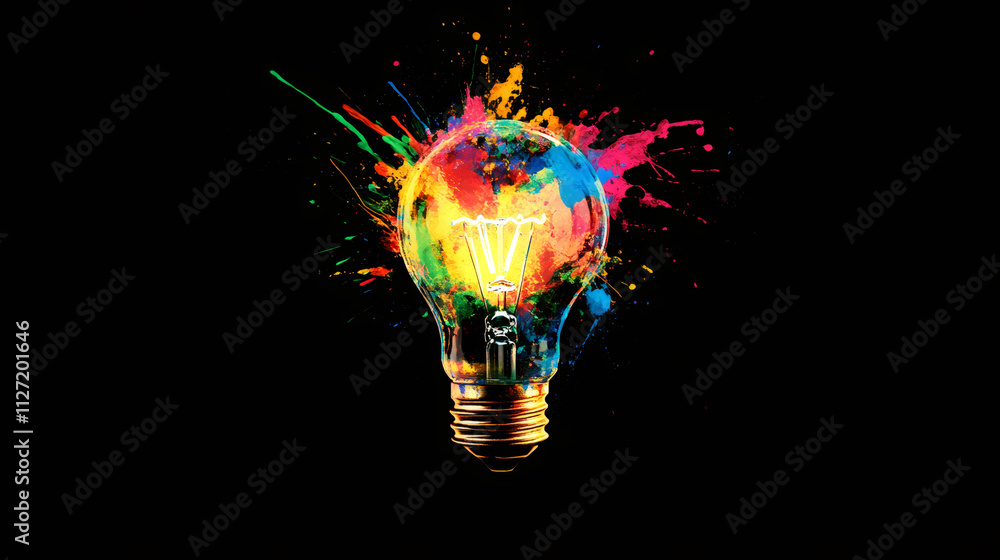 Aufkleber exploding light bulb with vibrant paint on a dark backdrop, symbolizing creativity, innovation, and 