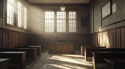 A sunlit, empty courtroom with wooden benches and a judge's bench.