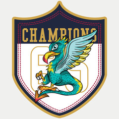 Griffin illustration with vibrant colors with heraldic style of coat of arms numbers and patches of institutions or schools along with numbers, modern art.