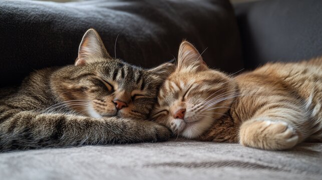 Two cats sleeping peacefully on a couch, showcasing their bond and relaxation.