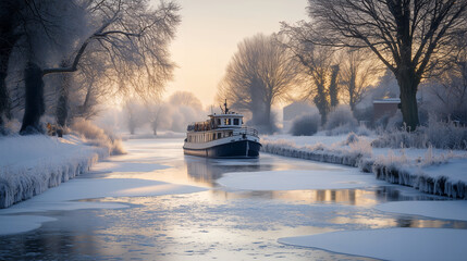 Winter canal scene with houseboat, Frozen canal in serene winter landscape - Powered by Adobe