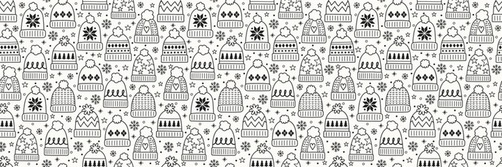 Colourful cartoon winter hat background. Christmas seamless pattern. Banner. Vector illustration