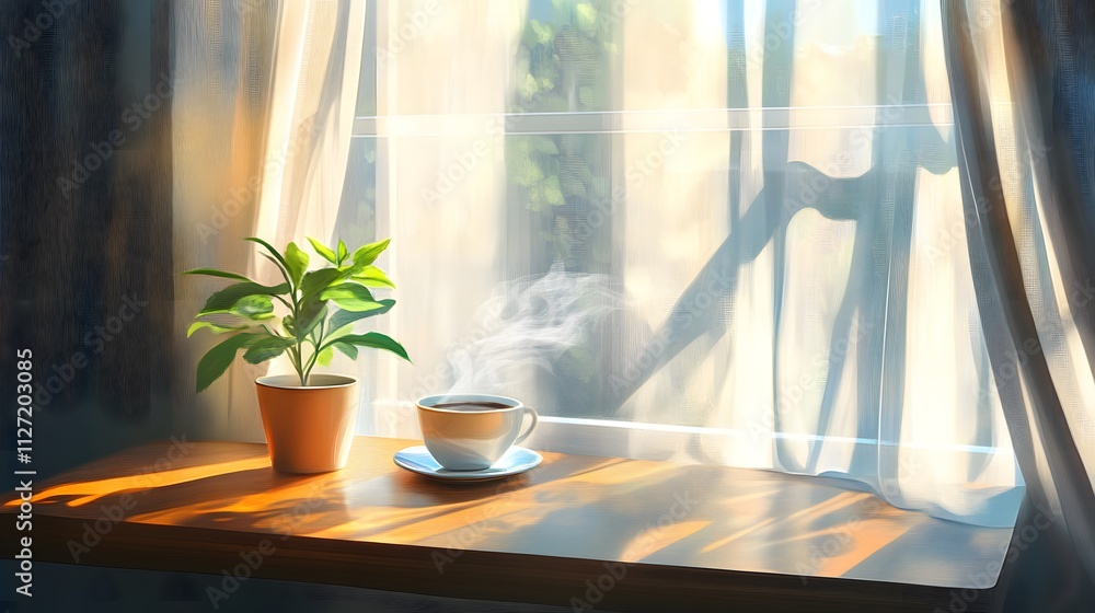 Poster cozy morning scene with a cup of coffee and a potted plant by a sunlit window, creating a warm and i