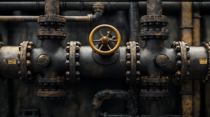 Close-up of pipes and valves, oil refinery detail, intricate industrial system.