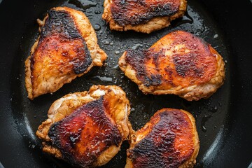 A black background photo of fried bbq chicken meat in a pan